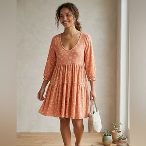 Ultra Flirt Orange Floral Tiered Dress with 3/4 Sleeves